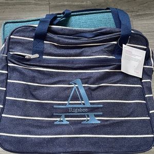 Thirty-One Navy Wide Stripe Away For The Weekender with embroidery